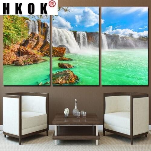 HKOK 3 Panels Green Lake Wall Art Pictures Posters Waterfall Natural Landscape HD Printed Modern Canvas Painting Home Decor