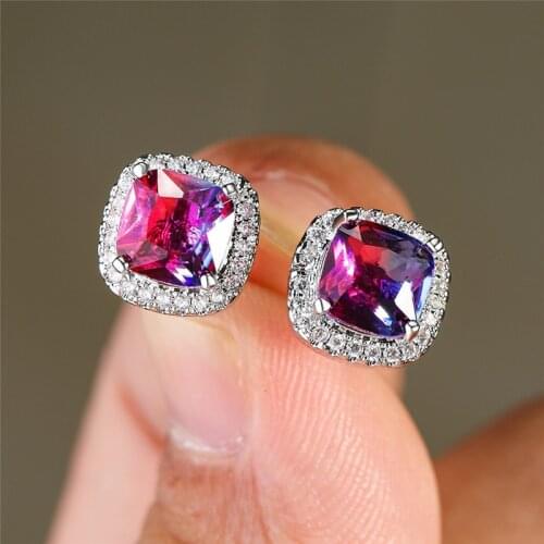 Charming Purple Gradient Zircon Square Screw Stud Earrings For Women Vintage Fashion Jewelry Silver Color Rainbow Stone Earrings