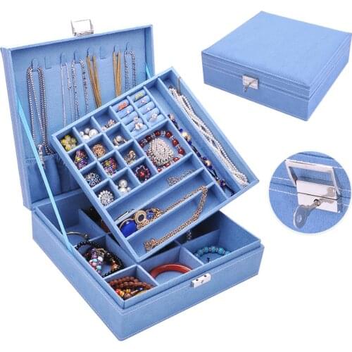 Protable Two Layers Lint Wooden Jewelry Box Organizer Earrings Fing Rings Bracelets Necklaces Display Storage Case Box with Lock