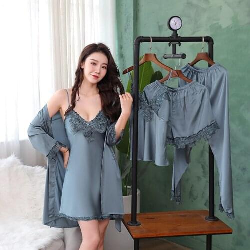Spring Summer Women Satin Lace Pyjama 5pcs Set Sexy Pajama Sleepwear Night Suits Nightwear Home Clothes With Chest Pads