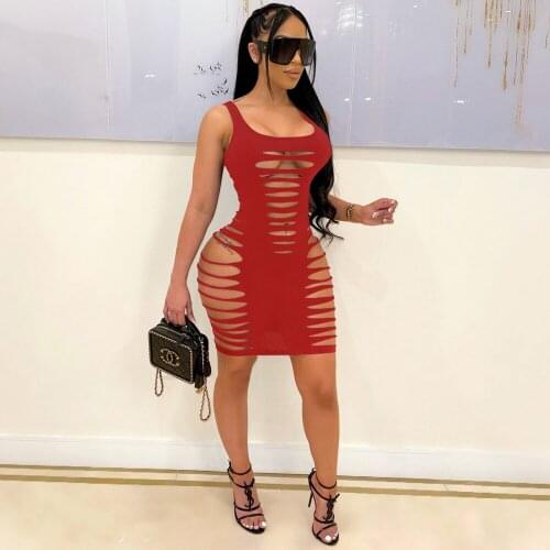 Hollow Out See Through Summer Slim Fit Dress for Women Low Neck Sleeveless Fitness Dress Streetwear Female Body-shaping Dresses