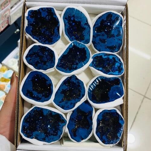 Natural crystal box to cut polished hollow electroplating sapphire blue agate ornaments home decoration SCP