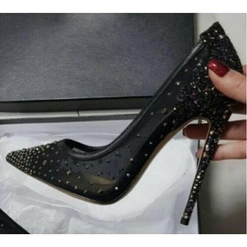 Drop Shipping Woman Pointed Toe Bling Crystal Stilettos Heels Sexy Elegant Black Mesh Pumps Party Wedding Shoes Big Size 45