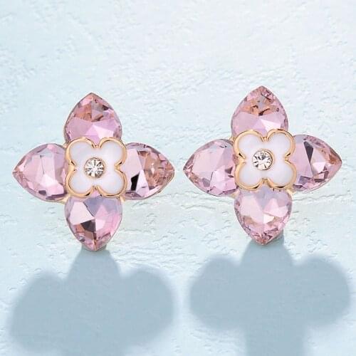 Pink Stud Earrings Rhinestone Crystal Setting Clover Flower Shape For Lovely Women Gift Jewelry