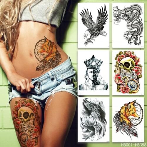 Waterproof Temporary Tattoo Stickers Black Tattoo Cat Skull Lion Wolf Rose Leg Chest Arm Fake Tattoo For Man Woman