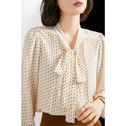 Bowknot high-end silk shirt womens long-sleeved lace 2021 new style polka dot printing elegant silk blouse
