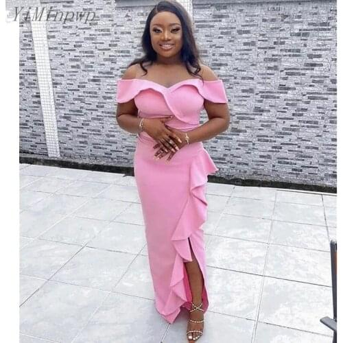 YiMinpwp Pink Mermaid Bridesmaid Dresses Off Shoulder Side Split Ruffles Floor Length Garden Country Wedding Guest Party Gowns