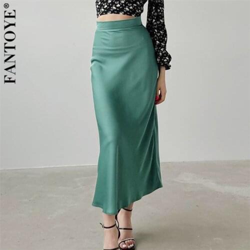 Fantoye Satin High Waist Mermaid Ruched Women Skirts Green Fashion High Street Casual Skirts Ladies Autumn Slim Sexy Streetwear