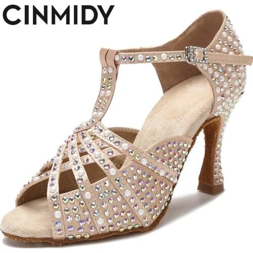 CINMIDY Sexy Rhinestone Pearl Dance Heels Tango Salsa Rumba Samba Latin Dance Shoes Soft Sole Women Sandals Wedding Shoes