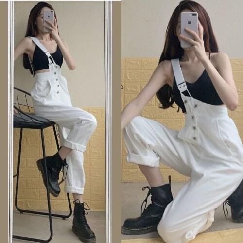 One-shoulder overalls womens jeans 2021 spring and autumn new black and white pants loose and thin high-waisted wide-leg pants