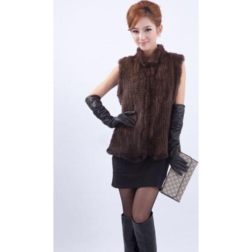 New womens genuine real natural mink fur vest knitted gilet jacket winter waistcoats