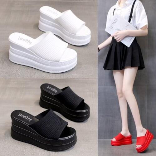 Thick soled slippers womens summer net red ins dress outside 2021 new versatil woven slope heel elevated home lazy drag