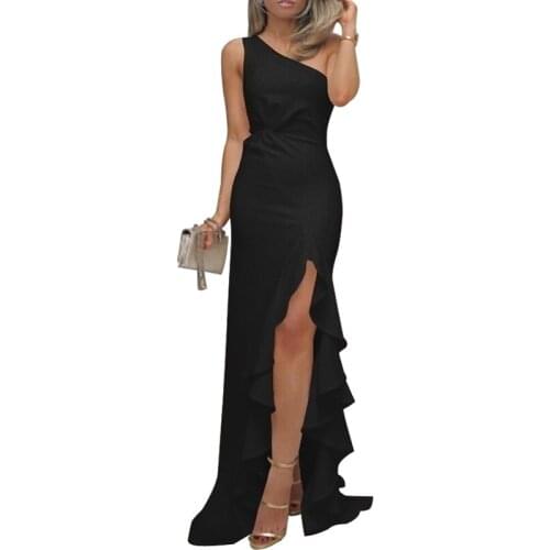 Women Bodycon Dress One Shoulder Split Ruffle Dress Summer Sexy Slim Long Mermaid Dress Split Female Ruffles