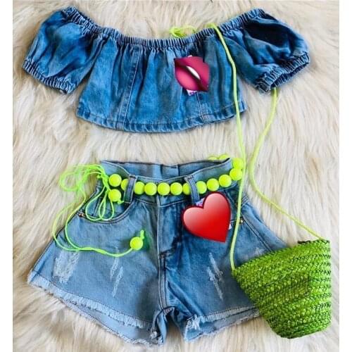 1-5Years Fashion Toddler Kids Baby Girls Outfits Clothes Denim Off Shoulder Short Sleeve Crop Tops+Pocket Tassel Jeans Shorts