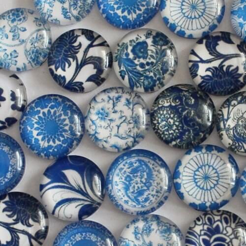 20mm Mixed Style Blue and white Porcelain Round Glass Cabochon Dome Jewelry Finding Cameo Pendant Settings 20pcs/lot (K02852)
