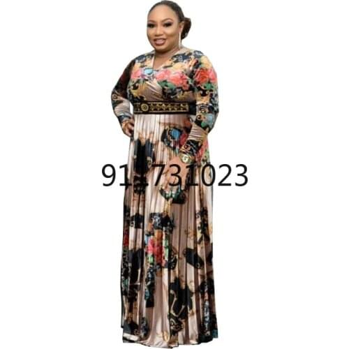 2021 Fashion African Women Flower Print Long Sleeve Maxi Dress Spring Autumn Diamond Luxury Pleated Casual Dresses