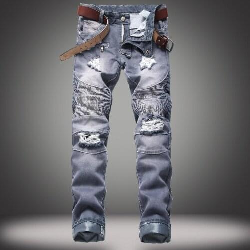 2020 AUTUMN Spring Mens Skateboard Ripped Street HIP HOP Punk Stretch Bike Jeans Trendy Holes Straight Denim Trouers