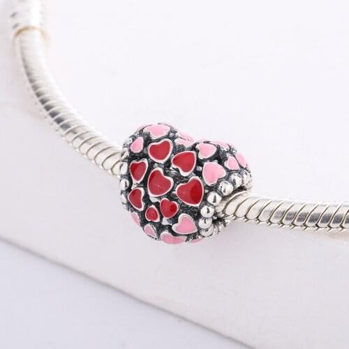 925 Sterling Silver Red Pink Heart-Shaped Enamel Love Pendant Charm Bracelet DIY Jewelry Making For Original Pandora