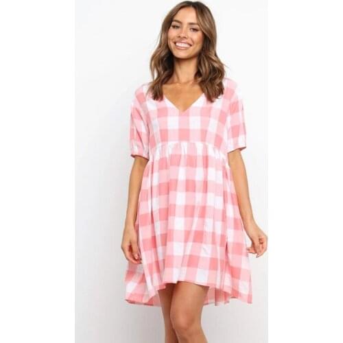 Ardm Casual V Neck With Pockets Plaid Pink Oversize Summer Dress Ruffled Short Sleeve Loose Stitching Mini Dress