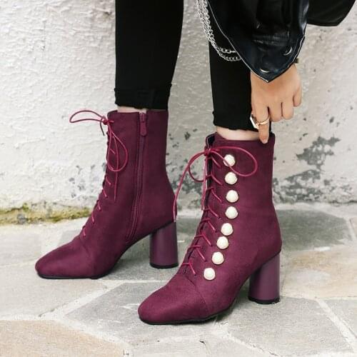 European and American lace up Pearl thick heel short boots large 43 44 45 46 47 48 large square head high heel short boots