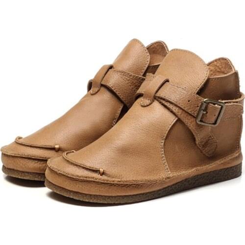 Boots Women Genuine Cow Leather Ankle Boots Round Low Short Boots Shoes High Quality Genuine Leather Women Shoes