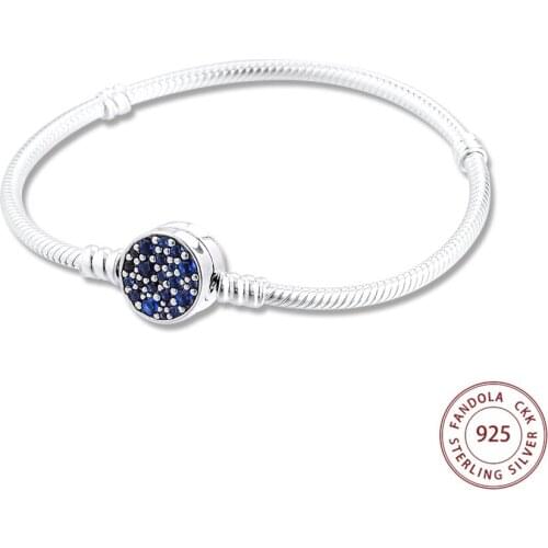 925 Sterling Silver Jewelry Moments Sparkling Blue Disc Clasp Snake Chain Bracelets for Women Argent S925 Bracelets & Bangles