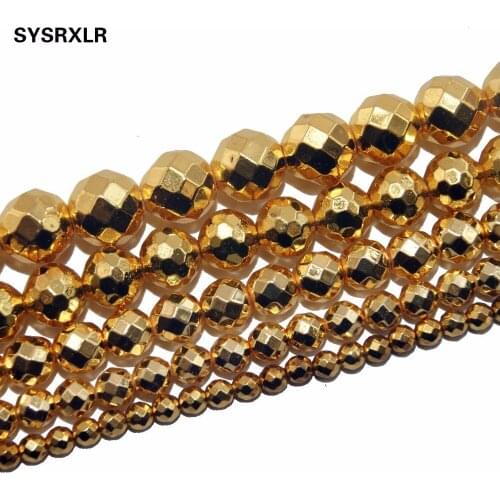 Natural Stone Beads Faceted Golden Hematite Round Loose Beads For Jewelry Making Diy Bracelet Necklace 4 6 8 10 12 MM Strand
