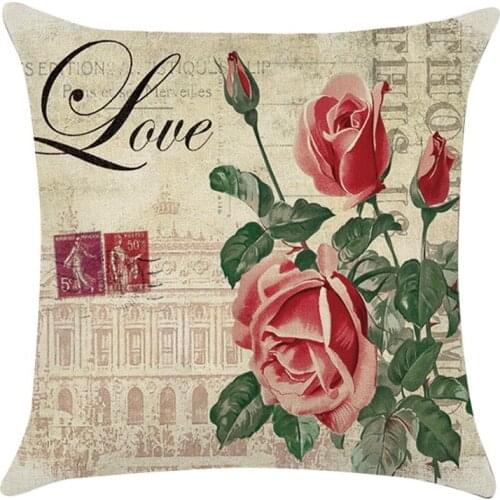 Throw Pillow Cover 18X18 Inch Retro Stamp Flora Rose Love Quotes Flowers Florals Rose Decorative Pillowcase