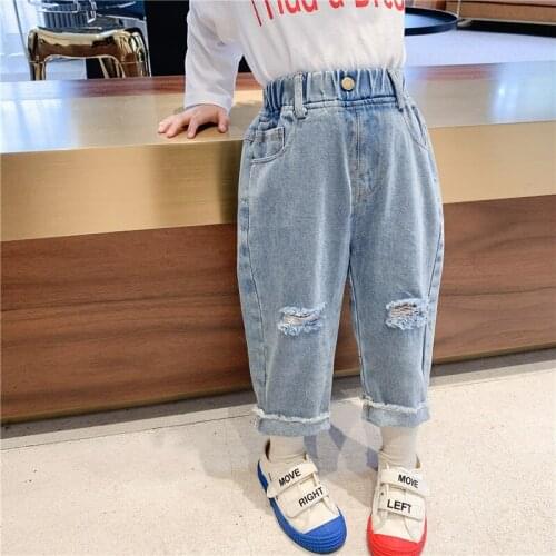 Fashion New Baby Girls Jeans Pants 2021 Spring Autumn Kids Casual Loose Denim Pants Korean Broken Hole Jeans For Girls 2-8 Years