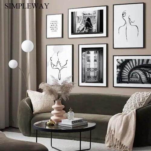 Black White Window Girl Canvas Wall Print Nordic Abstract Line Drawing Art Painting Inspirational Picture Modern Home Decoration