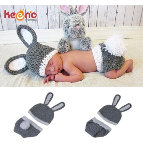 Keenomommy Gray&White Easter Rabbit Newborn Baby Photography Props Crochet Baby Animal Costume Baby Hat with Diaper Cover H292