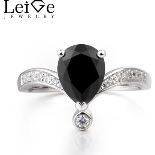 Leige Jewelry Natural Black Spinel Ring Anniversary Ring Pear Cut Black Gemstone 925 Sterling Silver Ring Water Drop Shape Gems
