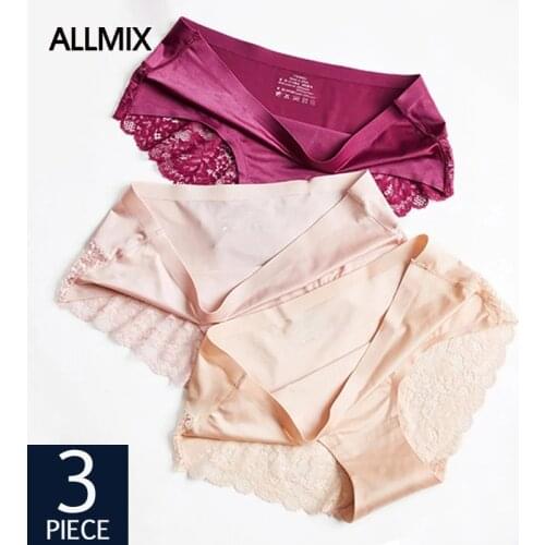 ALLMIX 3Pcs/lot Hollow Out Womens Seamless Panties Set Underwear Lace Woman Sport Briefs Low Waist Silk Comfort Lady Lingerie