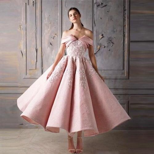New Vintage Blush Ankle Length Lace Prom Party Dresses Pink Strapless Off Shoulder Sleeves Wedding Guest Gowns Appliqued 2021