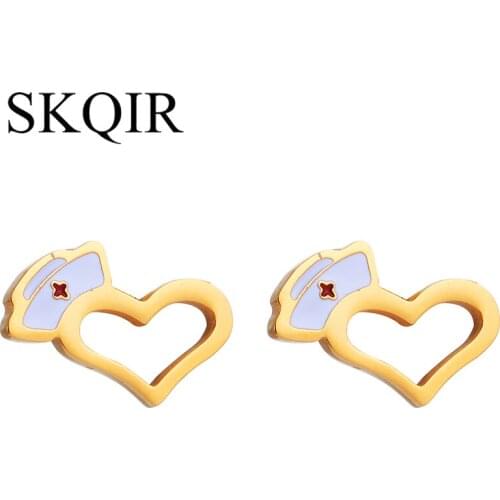 Cute Hollow Heart Stud Earrings Red Enamel Cross White Nurse Hat Brincos Medical Jewelry 3 Colors Earring For Doctor Gift Aretes