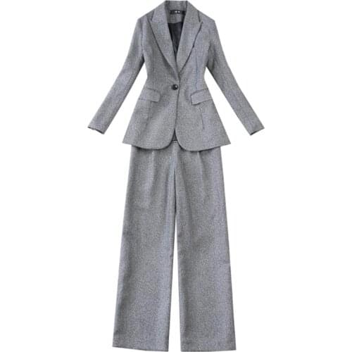 Fashion suit suit female fall / winter New high quality business gray woolen suit + high waist wide leg pants two-piece Set
