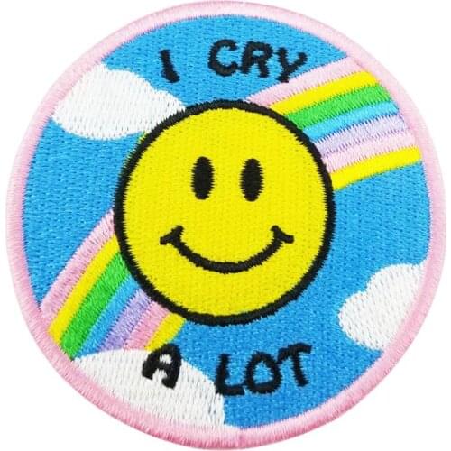 I CRY A LOT Embroidery Patch Embroidered Heat Seal Clothes Cute Rainbow Round Clothing Badge Patch Ironing Craft DIY shirt