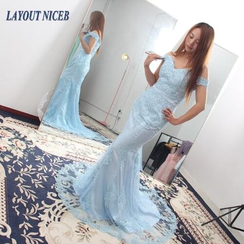WY05 Blue Satin Off the Shoulder Robe De Soiree Mermaid Evening Dress 2019 Floral Print Formal vestidos de fiesta de noche
