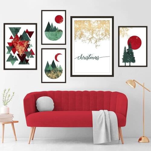 Nordic Christmas Wall Art Decorations Posters Winter Green Tree Sun Moon Print Canvas Painting Modern Living Room Decor Pictures