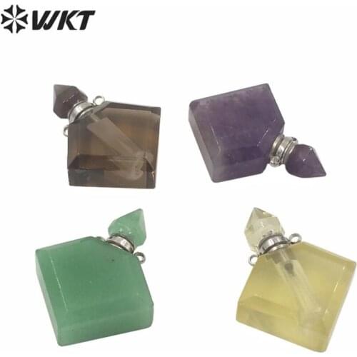 WT-P1575 Cute gold stainless steel components stone perfume bottle Rhombus shape natural stone essence oil bottle pendant