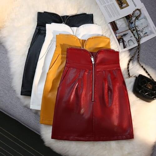 LJSXLS Womens PU Leather Zipper Skirt High Waist A-Line Evening Party Club Bodycon Black Short Mini Skirt Autumn 2021 Jupe Femme