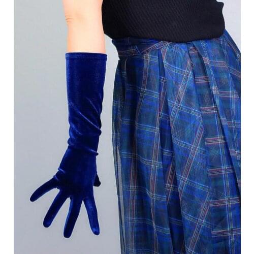 Womens elegant elastic velvet long gloves female dark blue color pleuche party driving glove 40cm R2759