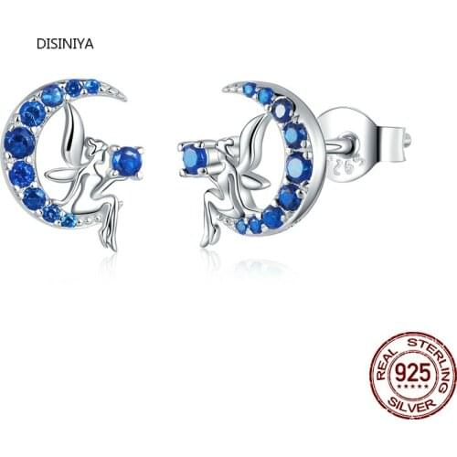 Authentic 925 Sterling Silver Fairy on The Blue Moon Stud Earrings for Women Cute Anti-allergy Silver Jewelry EBSE24376