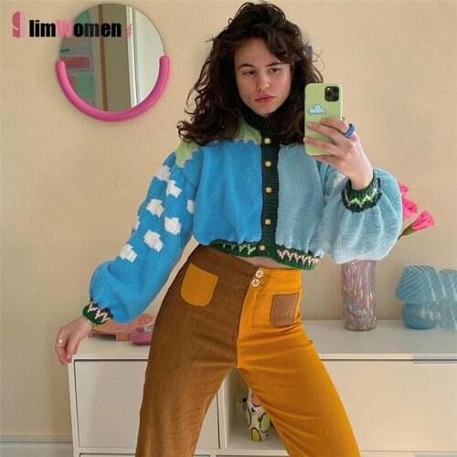 2021 Autumn Women Lantern Sleeves Sweater Fashion Rainbow Colors Contrast Single-breasted Knit Womens Y2k Sweaters Pullover