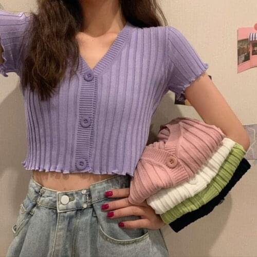 2021 Girls Fashion All-Match Short-Sleeved V-Neck Cardigan Top With Wooden Ears Ladies Ladies Fashion Solid Color Knitted Tops