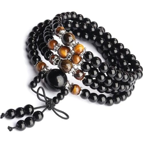 108 Obsidian Beads Multi Layers Bracelet Crystal Stone Prayer Bead Charm Bracelets 6mm Buddhist Meditation Buddha Beads