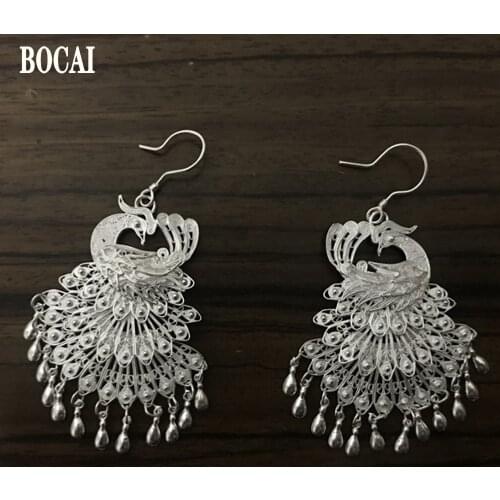 BOCAI new solid S990 pure silver jewelry hand-brushed filigree phoenix peacock earrings individual ethnic style women earrings