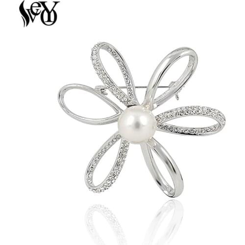 VEYO Imitation Pearl Rhinestone Flower Brooch for Woman Elegant Wedding Bride Large Brooches pin Wholesale