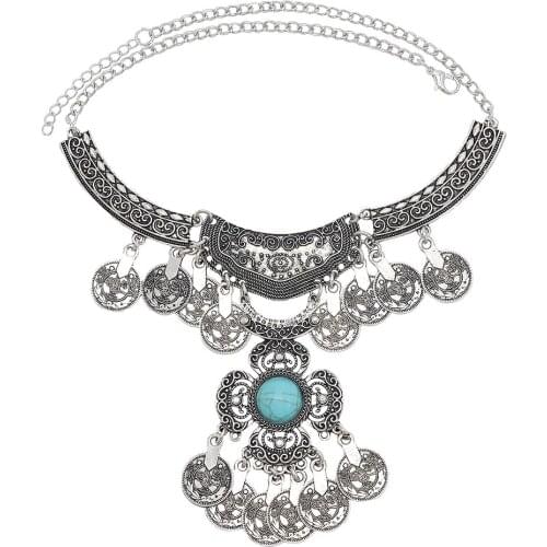 Gypsy Vintage Silver Metal Engraved Coin Tassel Inlaid Gemstone Necklace Bohemian Indian Ethnic Style Coin Necklace Jewelry