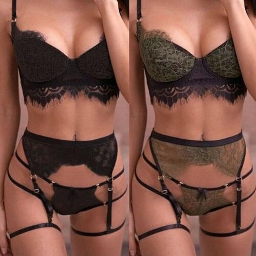 Hirigin 3Color S-XL Women Sexy Lingerie Lace Babydoll Open Bra Set G-String Underwear Nightwear Bra & Brief Sets
